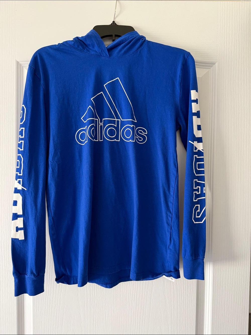 Adidas  Blue Long sleeve Hoodie with white Logo boys 14/16 Lg